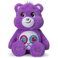 Purple teddy bear with heart designs on a white background
