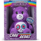Purple teddy bear in a glittery box with 'Care Bears' branding