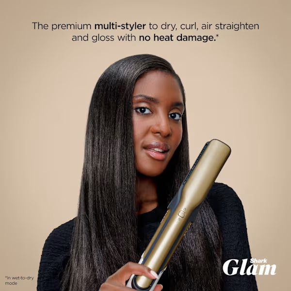 Woman holding a hair styling tool with text about no heat damage on a beige background