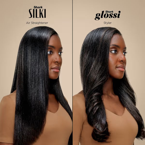 Two women with styled hair, one using a Silki Air Straightener and the other using a Glossi Styler, on a beige background.
