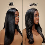 Two women with styled hair, one using a Silki Air Straightener and the other using a Glossi Styler, on a beige background.