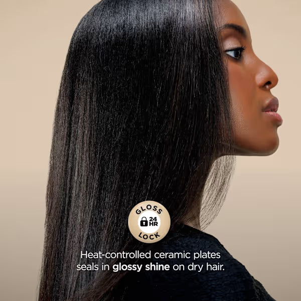Woman with straight hair on a beige background, featuring a product label about heat-controlled ceramic plates.