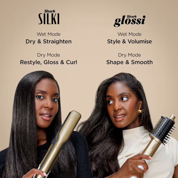 Two women holding hair styling tools with text describing features of Shark Silki and Glossi products.
