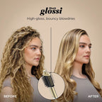 Before and after comparison of hair styling with a hairbrush, featuring the brand 'Shark glossi'.