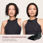 Before and after comparison of a woman using a black hair concentrator device.