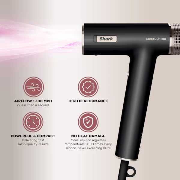 Shark hair dryer with features highlighted on a light background