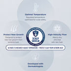 Scalp care product with features and benefits on a light blue background