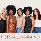 Five people with different hair types standing together with text 'FOR ALL HAIRKIND' on a light gray background.