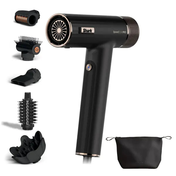 Black hair dryer with multiple attachments and a carrying case on a white background