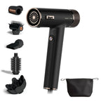 Black hair dryer with multiple attachments and a carrying case on a white background