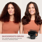 Before and after comparison of a woman's hair styled with a QuicksMOOTH BRUSH.