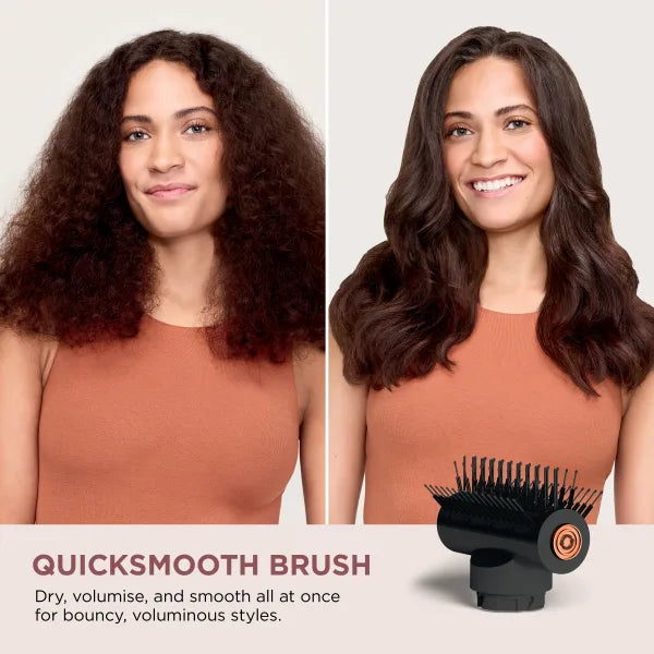 Before and after comparison of a woman's hair styled with a QuicksMOOTH BRUSH.