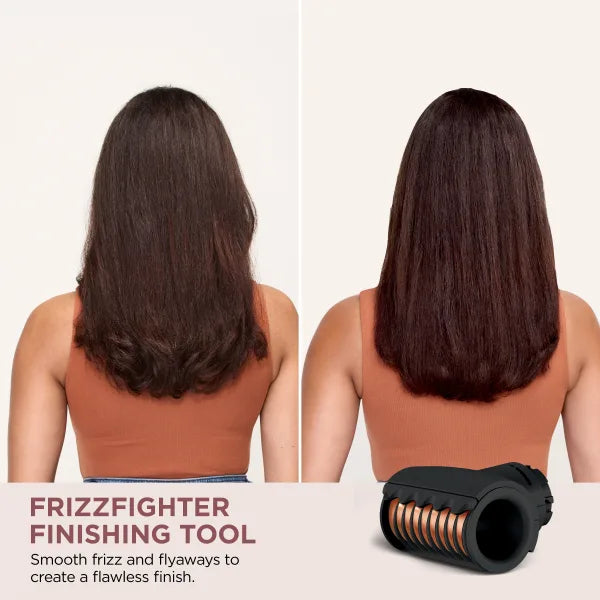 Before and after comparison of hair using a Frizzfighter Finishing Tool on a plain background.