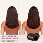 Before and after comparison of hair using a Frizzfighter Finishing Tool on a plain background.