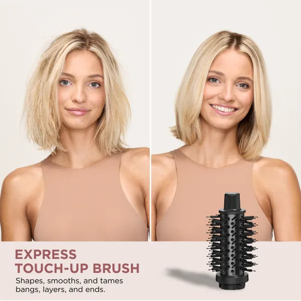 Woman with styled hair and Express Touch-Up Brush on a plain background