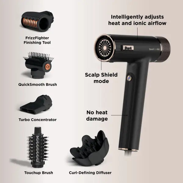 Black hair dryer with attachments and features labeled on a beige background