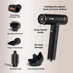 Black hair dryer with attachments and features labeled on a beige background