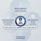 Scalp care product with features and benefits on a light blue background