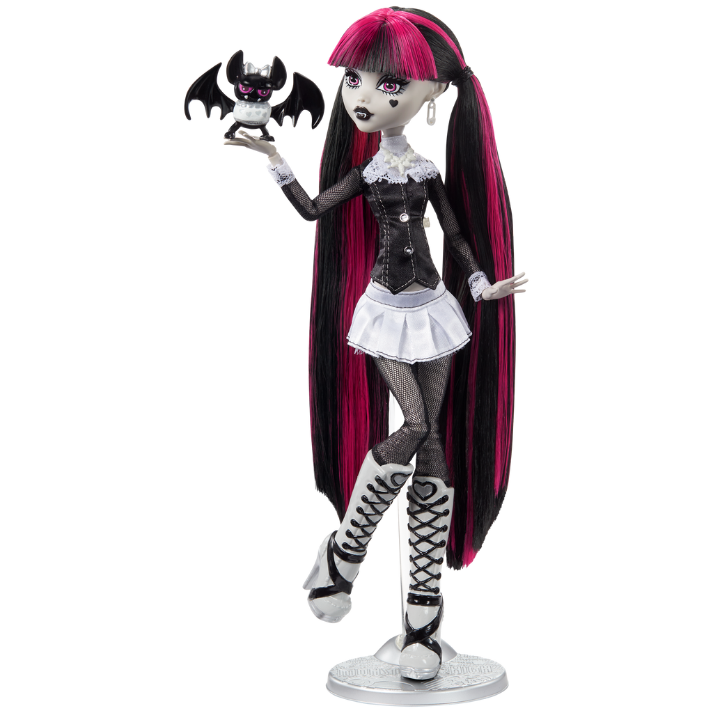 Monster High doll with long black and pink hair, wearing a black and white outfit, holding a bat.