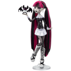 Monster High doll with long black and pink hair, wearing a black and white outfit, holding a bat.
