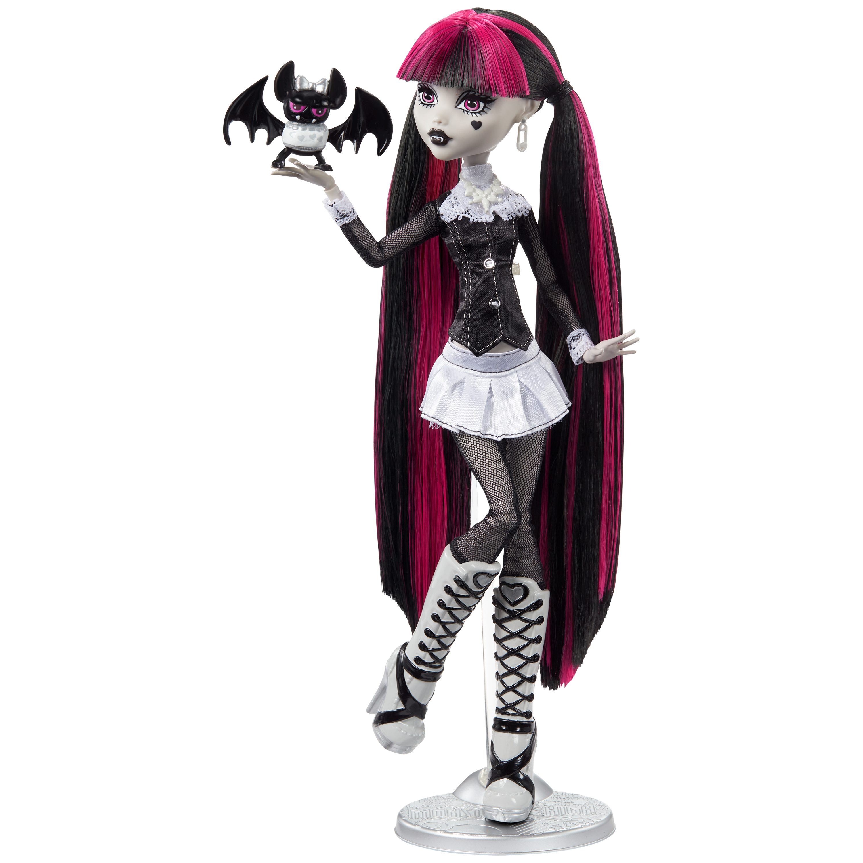 Monster High doll with long black and pink hair, wearing a black and white outfit, holding a bat.