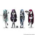 Four Monster High dolls with distinct hairstyles and outfits on a white background