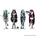 Four Monster High dolls with distinct hairstyles and outfits on a white background