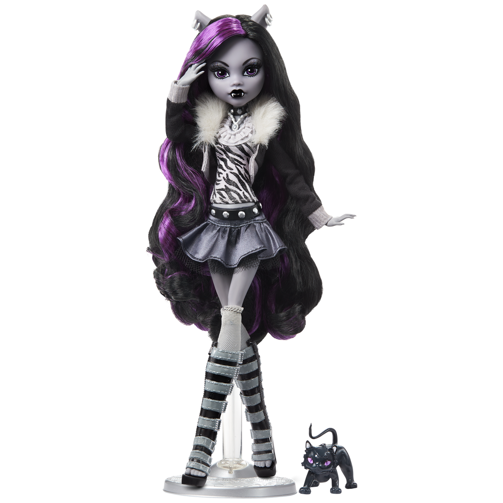 Monster High doll with dark hair, purple highlights, and striped outfit on a white background