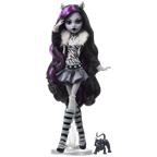 Monster High doll with dark hair, purple highlights, and striped outfit on a white background