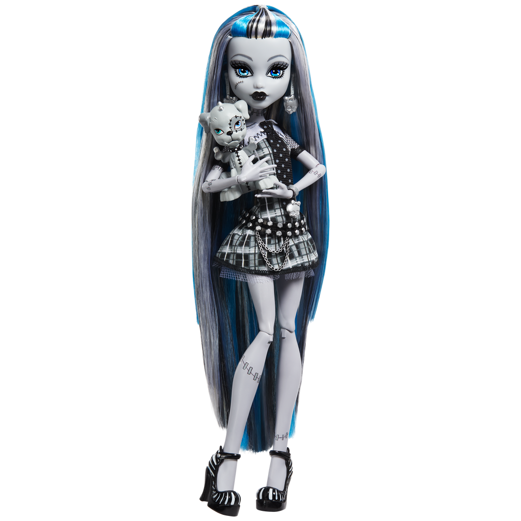 Monster High doll with long black and blue hair, wearing a black and white outfit, holding a cat toy on a white background.