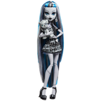 Monster High doll with long black and blue hair, wearing a black and white outfit, holding a cat toy on a white background.