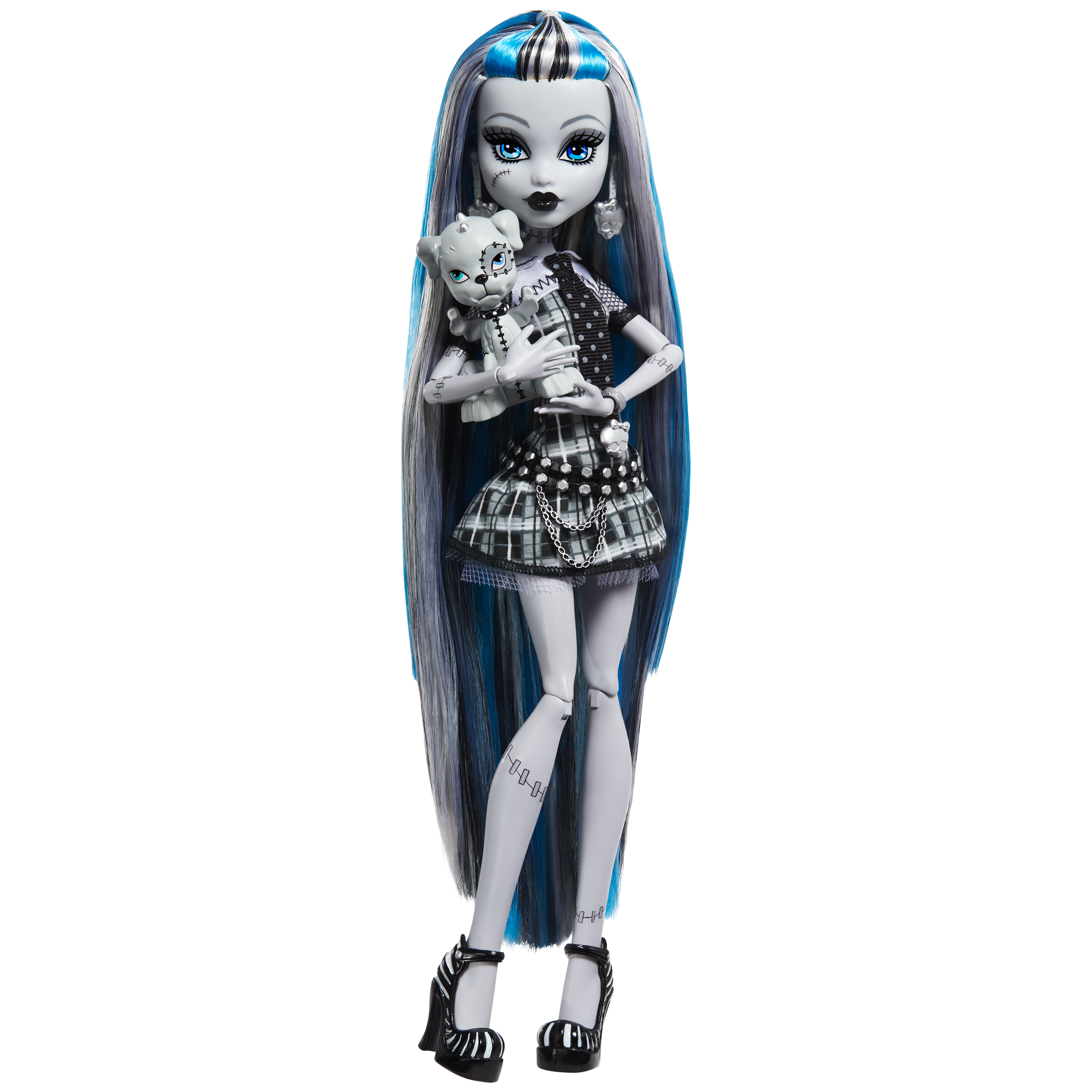Monster High doll with long black and blue hair, wearing a black and white outfit, holding a cat toy on a white background.