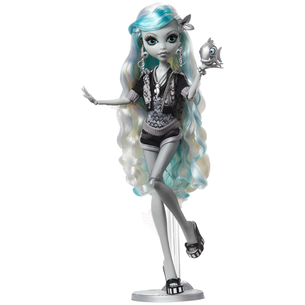 Monster High doll with long white and blue hair, wearing a black and white outfit on a white background