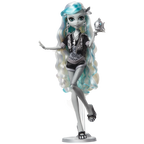 Monster High doll with long white and blue hair, wearing a black and white outfit on a white background