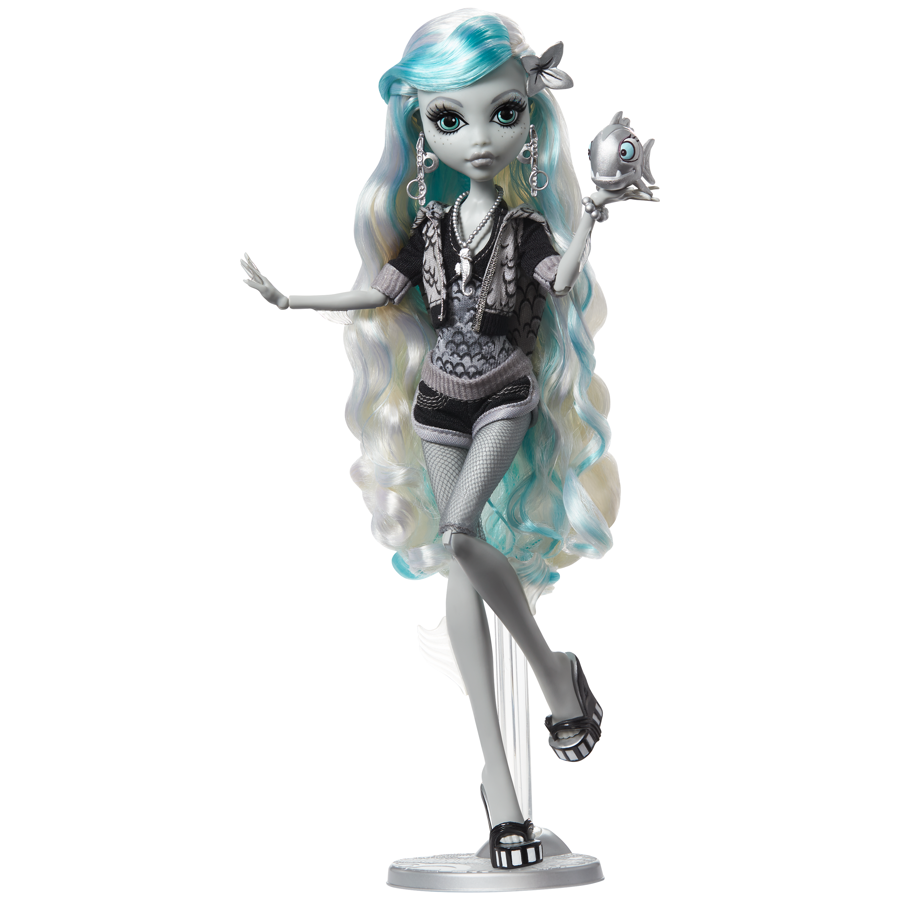 Monster High doll with long white and blue hair, wearing a black and white outfit on a white background