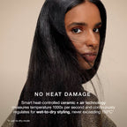 Advertisement for hair care product with a woman's face and text about no heat damage.