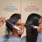 Two images showing a hair styling tool being used on wet and dry hair with text describing 'Wet Mode' and 'Dry Mode'.