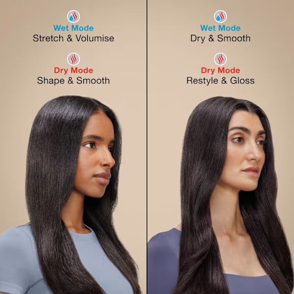 Two women with styled hair demonstrating different hair care product modes on a beige background.