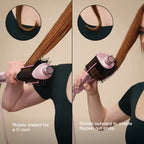Two-panel instructional graphic showing a woman using a pink and black round hair styler brush to create a C-curl on her brown hair. Each panel includes a circular inset close-up of the hair texture and text reading 'Rotate inward for a C-curl.
