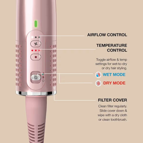 Pink hair curler with control panel and text on airflow, temperature, and filter cover.