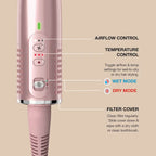 Pink hair curler with control panel and text on airflow, temperature, and filter cover.