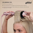 Person using a hair volumizing tool with text on how to use it, branded 'Shark Glossi'.