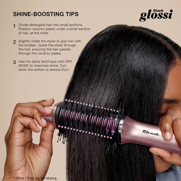 Person using a hairbrush on their hair with text on shine-boosting tips and Shark Glossi branding.