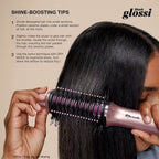 Person using a hairbrush on their hair with text on shine-boosting tips and Shark Glossi branding.