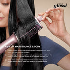 Person using a hair styling tool on their hair with 'glossi' branding.