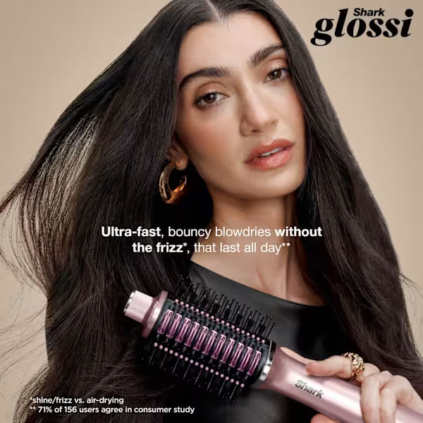 Woman holding a hair styling tool with text about its features on a beige background