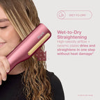 Person using a pink hair straightener on their hair with product details on a white background