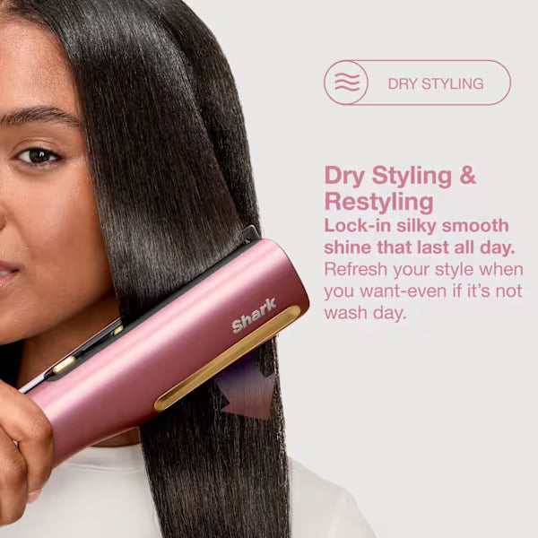Woman using a pink hair styling tool on her hair with text about dry styling and restyling.