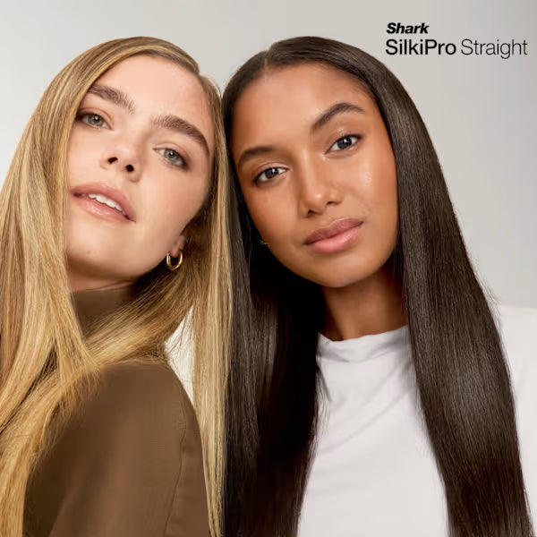Two women with straight hair, one blonde and one brown, against a neutral background with 'Shark SilkiPro Straight' branding.