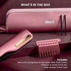 Pink hair care product set with 'Shark' branding on a dark background